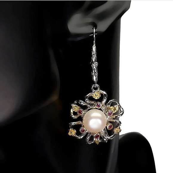 Natural Pink Rhodolite Garnet & Cultured Pearl 925‎ Sterling Silver Earrings - Picture 4 of 8